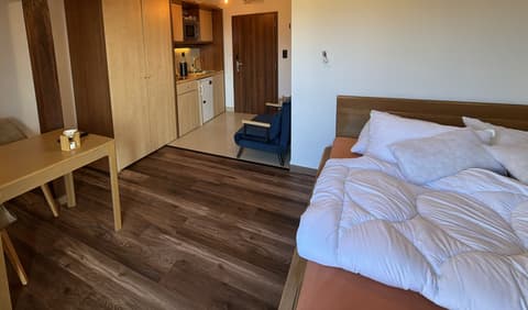 Studio seen from the bed towards the dining table, wardrobe, kitchenette and entrance