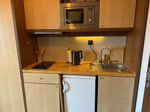 Kitchenette with a two-zone hob, microwave, kettle, sink and fridge